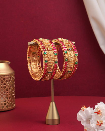 Gold Plated Floral Enamel Bangles with Ruby CZ Accents - Set of 6