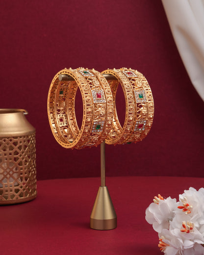 Antique Gold Plated Elephant Motif Bangle Set with Ruby & Emerald Stones(Set Of 6)