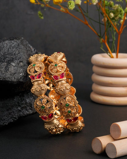 Antique Gold-Plated Temple Kada Bangles with Ruby & Emerald Stones(Set of 2)