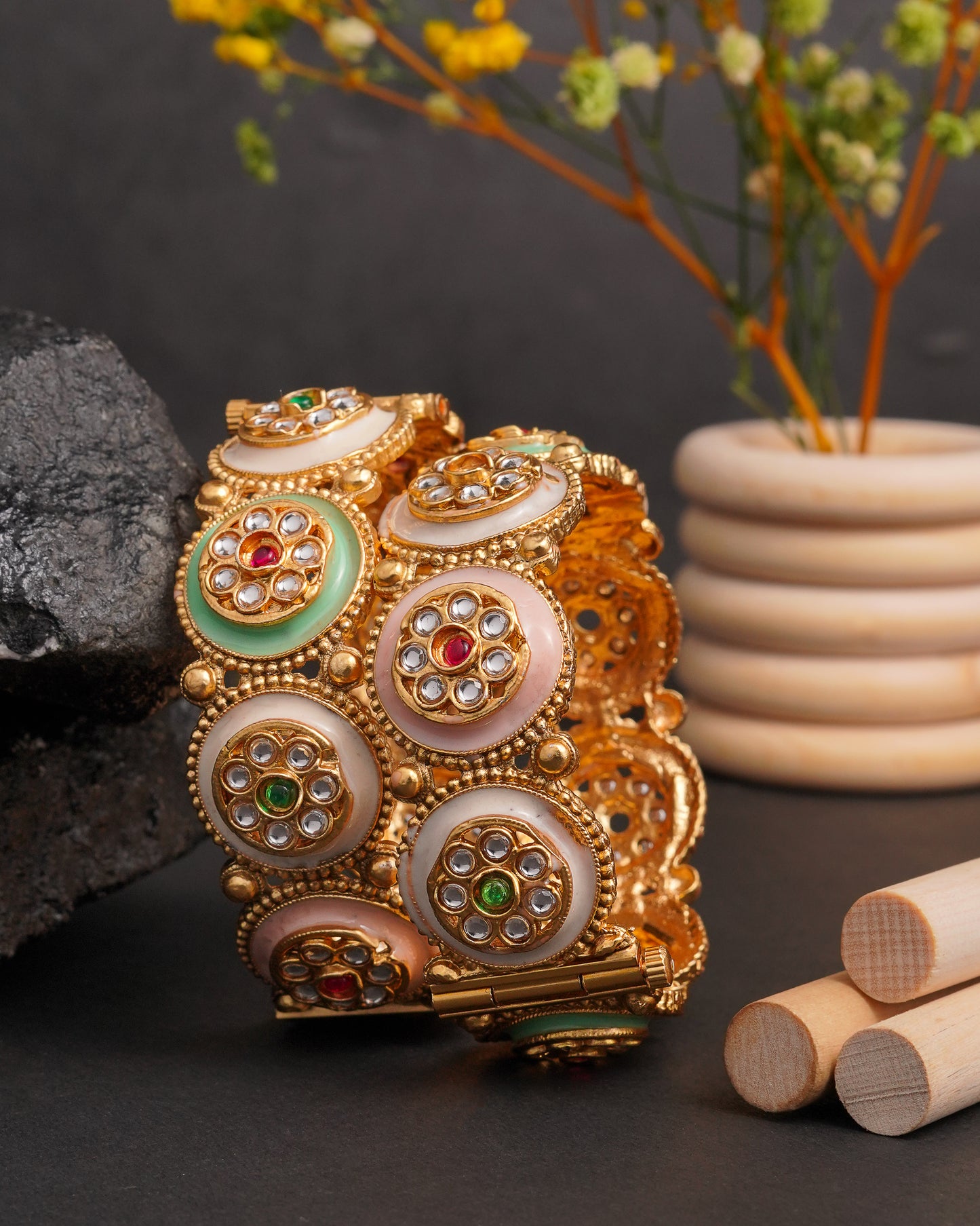 Handcrafted Jadau Meenakari Kada Bangles – Pastel Enamel & Gold Finish (Set of 2)