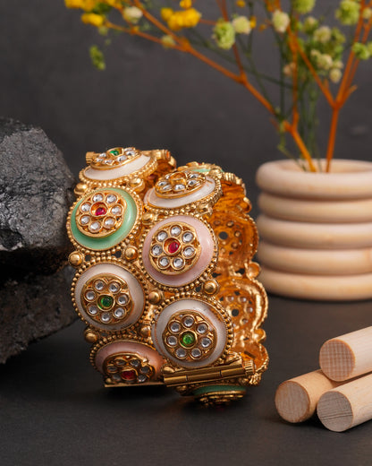Handcrafted Jadau Meenakari Kada Bangles – Pastel Enamel & Gold Finish (Set of 2)