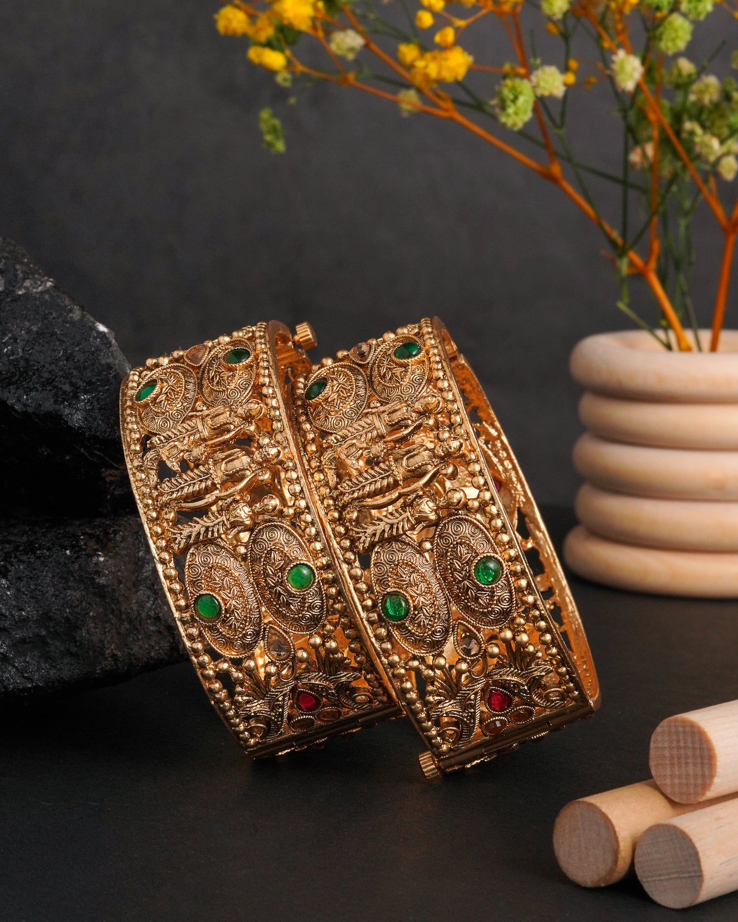 Antique Temple Design Gold-Plated Stone Studded Bangles