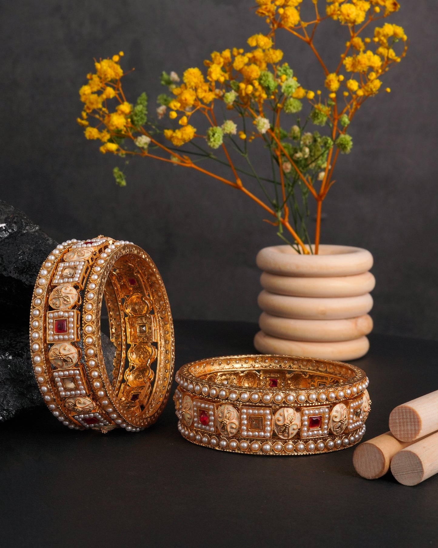 Traditional Gold-Plated Bangle Set with Meenakari Work and Faux Pearls - Set of 6