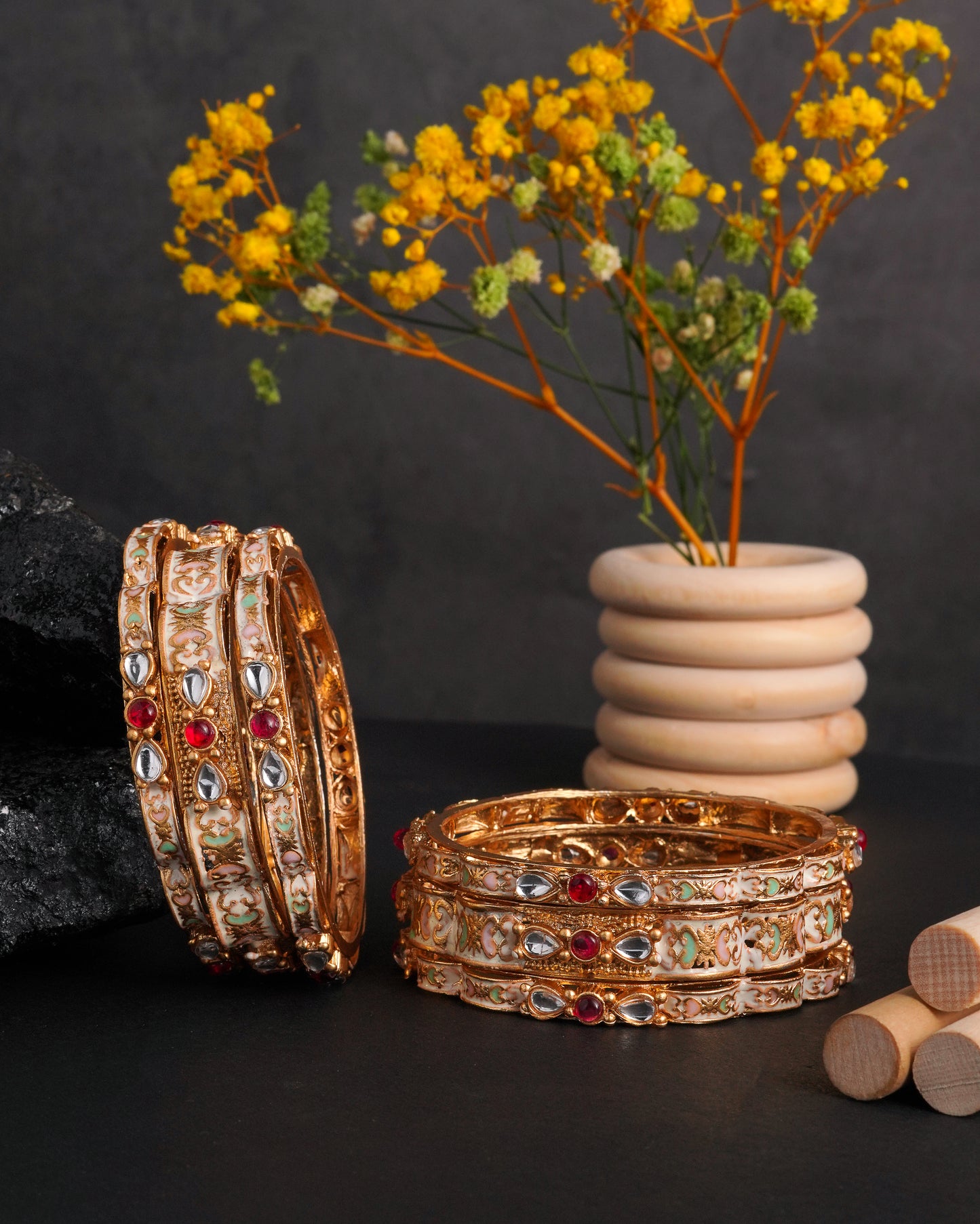 Gold Plated Floral Enamel Bangles with Ruby CZ Accents - Set of 6