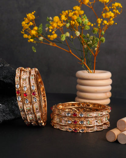 Gold Plated Floral Enamel Bangles with Ruby CZ Accents - Set of 6