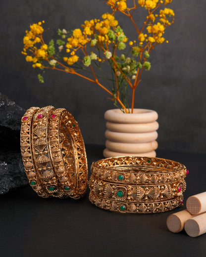 Handcrafted Peacock Motif Bangle Set with Green and Blue Enamel Work - Antique Gold Plated