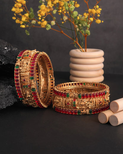 Gold Plated Floral Enamel Bangles with Ruby CZ Accents - Set of 6