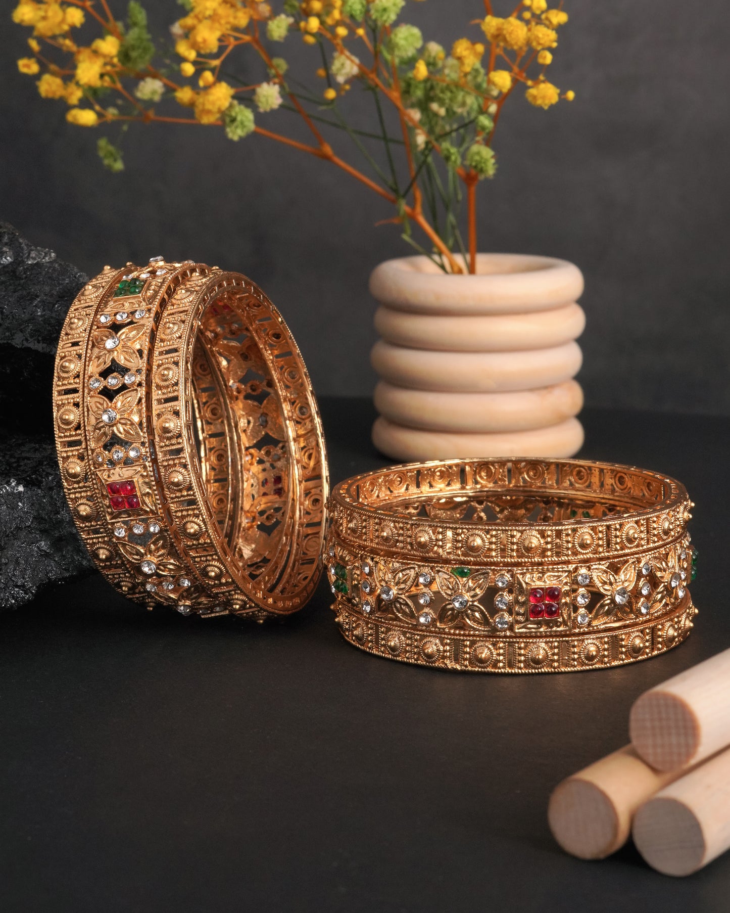 Antique Gold Plated Floral Filigree Bangle Set with Ruby & Emerald Accents