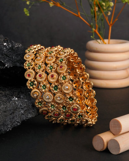 Antique Gold Plated Floral Bangle Set with Red and Green Enamel Accents(Set of 4)