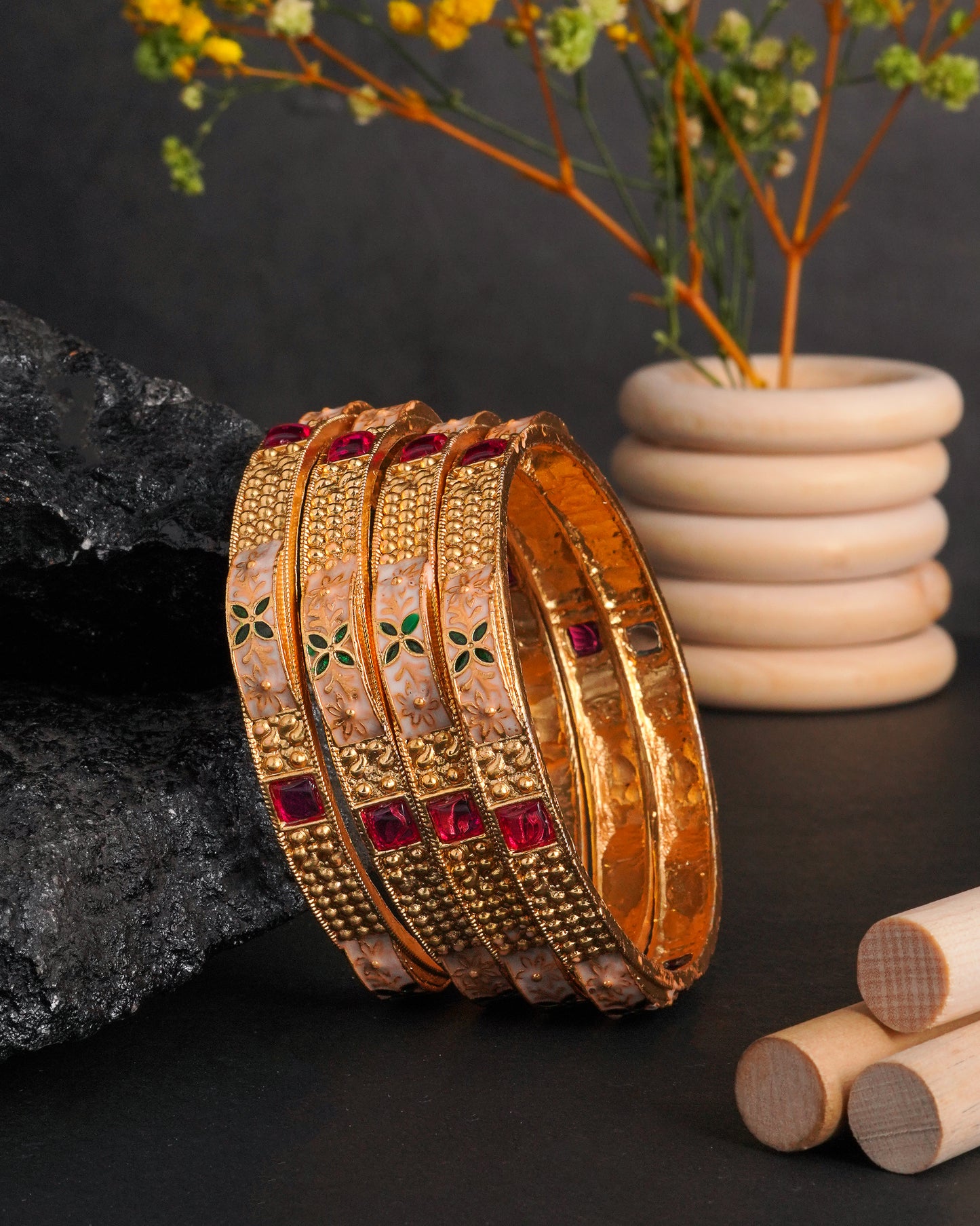 Gold-Plated Enamel Bangles with Ruby Pink Stones - Set of 4