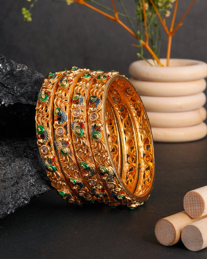 Handcrafted Peacock Motif Bangle Set with Green and Blue Enamel Work - Antique Gold Plated