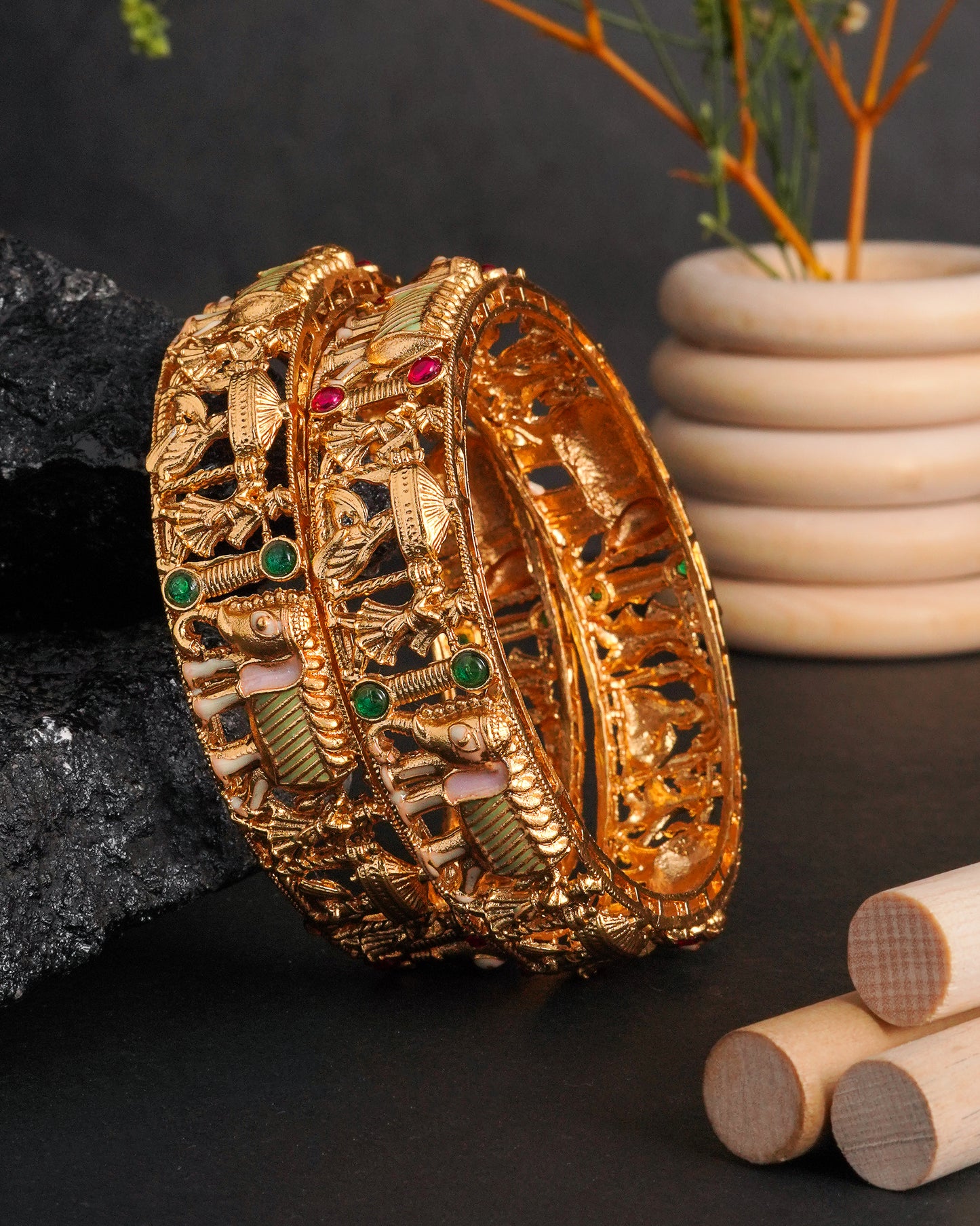 Traditional Elephant Design Gold Bangles with Stone Accents(Set Of 1)