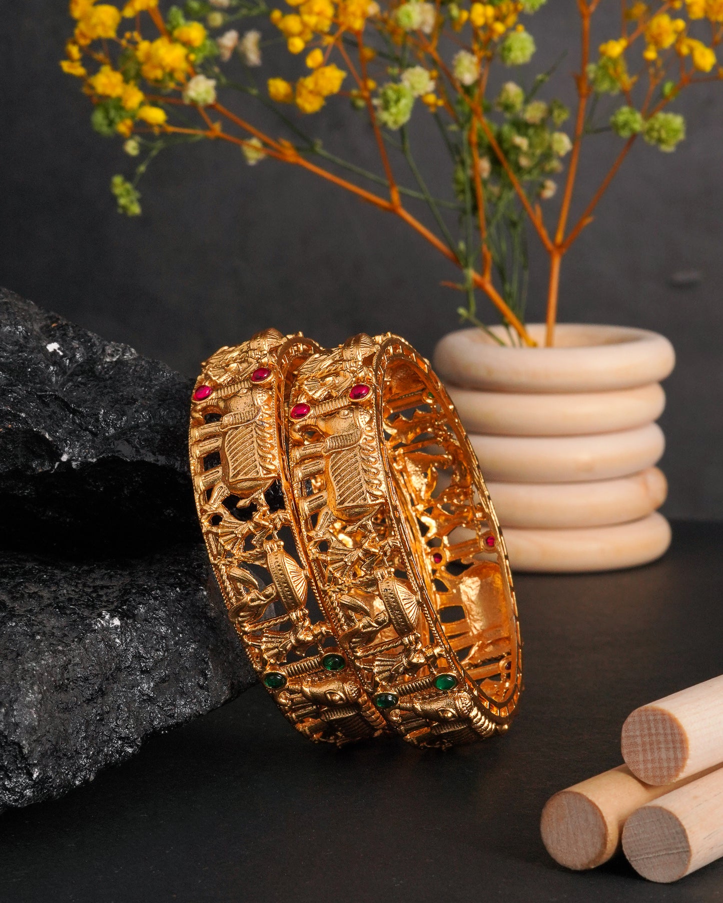 Antique Gold Plated Elephant Procession Temple Bangles - Pair Of 2