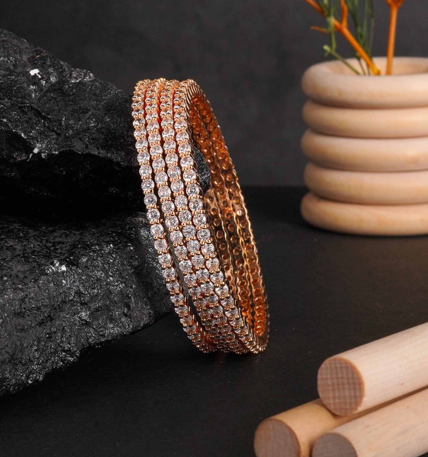 Rose Gold Plated Single Line CZ Tennis Bangles - Set of 4