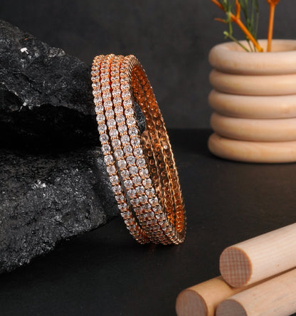 Rose Gold Plated Single Line CZ Tennis Bangles - Set of 4