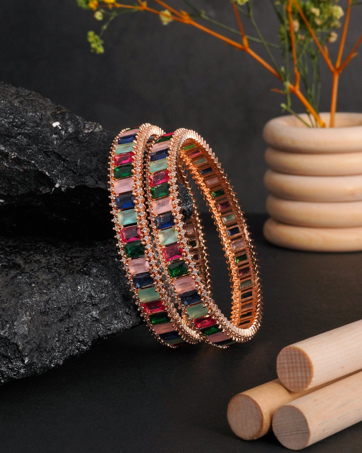 Chic Multicolor Baguette Crystal Statement Bangles(Set Of 2)