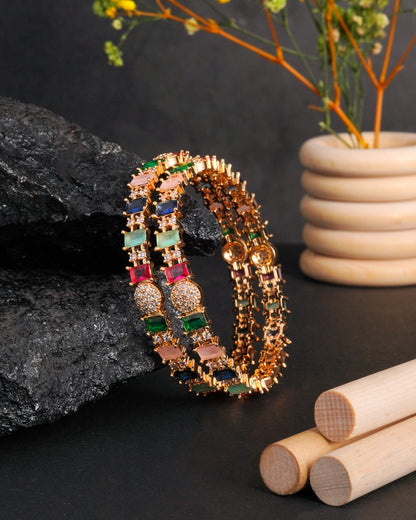 Rose Gold Plated Multi-Color Stone Bangles with Cubic Zirconia (Set of 2)
