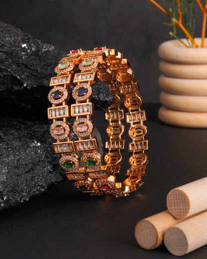 Rose Gold Plated Single Line CZ Tennis Bangles - Set of 4