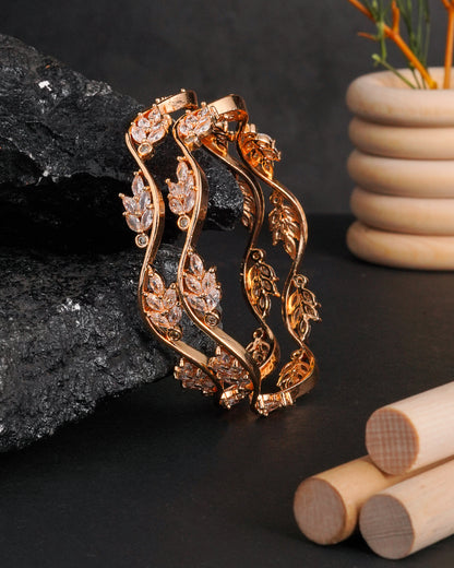 Gold Plated Wavy Vine Hoop Earrings with Marquise Cubic Zirconia Botanical Leaf Design