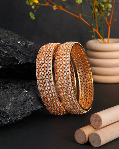 Rose Gold Plated Handcrafted CZ Studded Broad Bangles - Set of 2