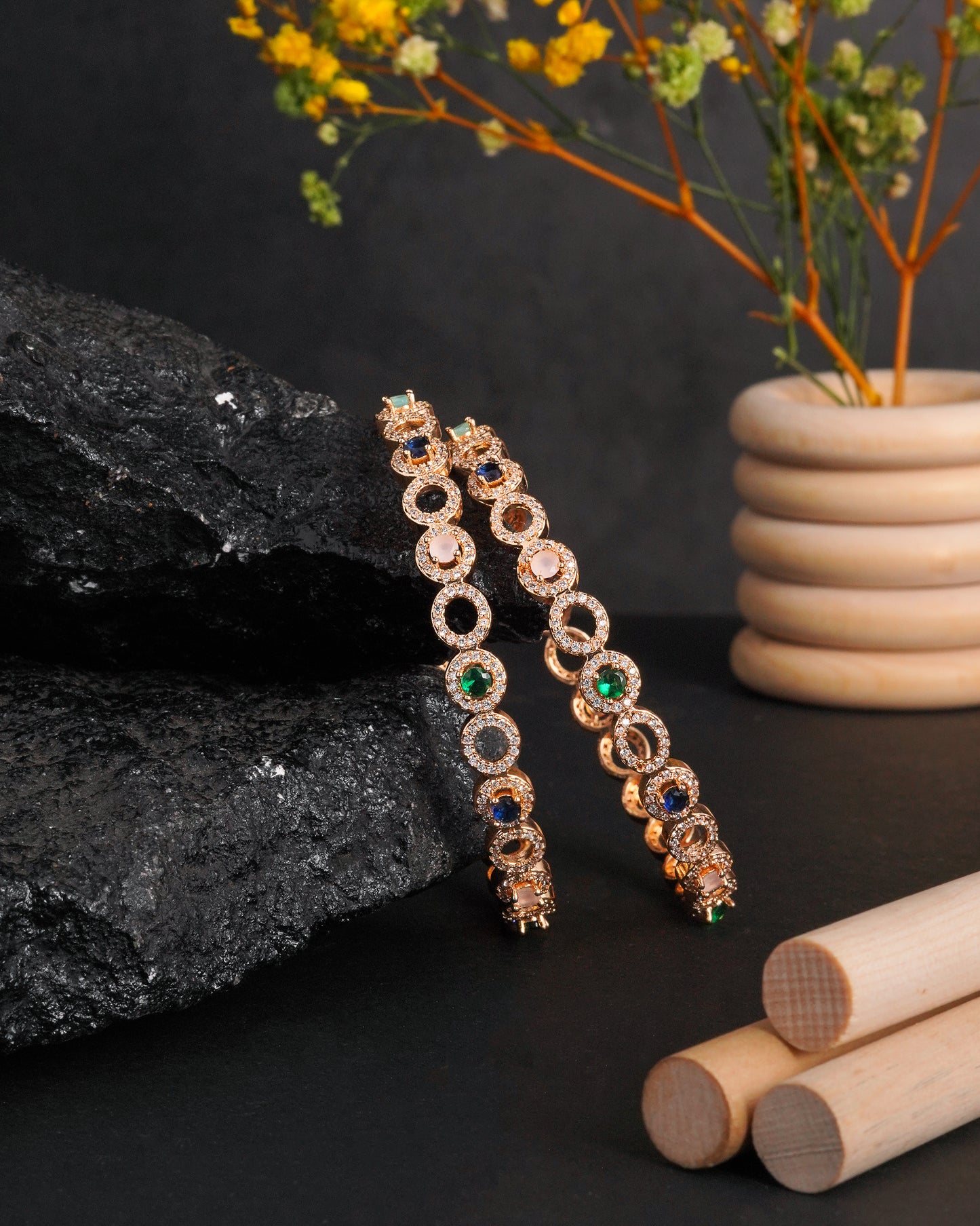 Rose Gold Plated Multi Color Stone Bangles with Cubic Zirconia (Set of 2)