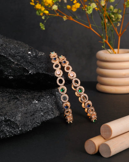 Rose Gold Plated Multi Color Stone Bangles with Cubic Zirconia (Set of 2)