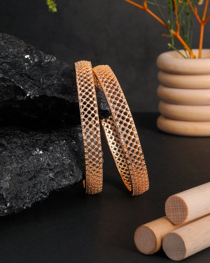 Rose Gold Plated Intricate Lattice Bangles with Cubic Zirconia (Set of 2)