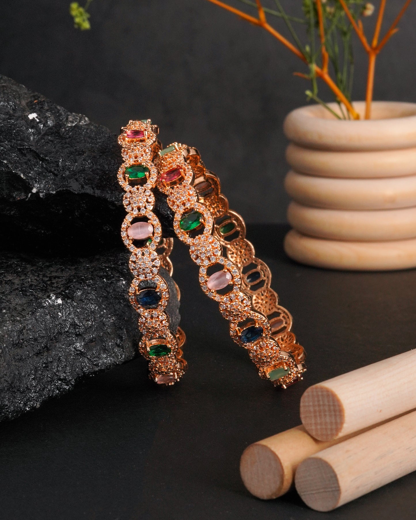 Gold Plated Wavy Vine Hoop Earrings with Marquise Cubic Zirconia(Set Of 2)