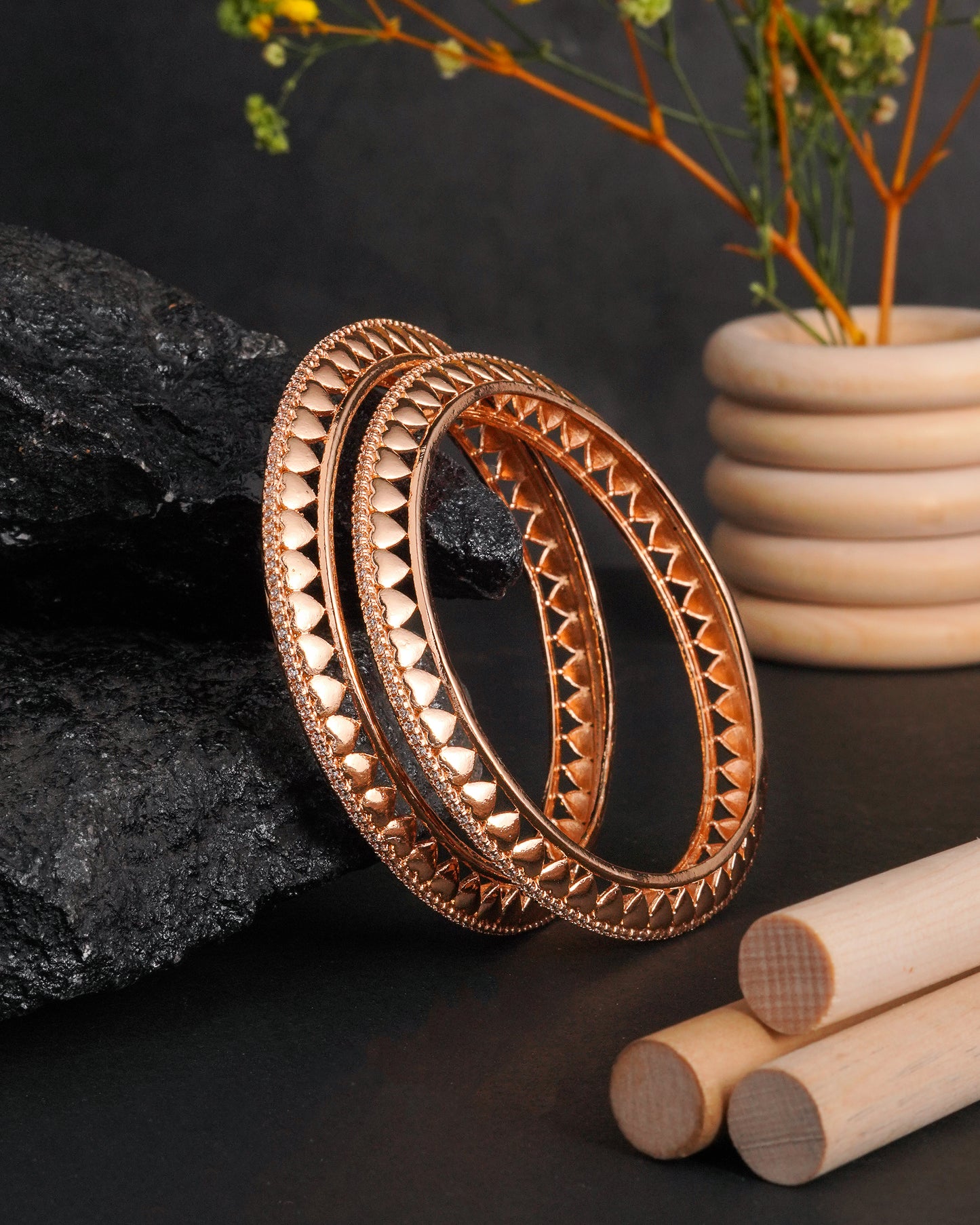 Elegant Rose Gold Plated Bangles with Heart Motif and American Diamond Accents (Set of 2)