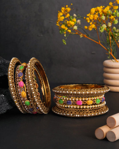 Antique Gold Plated Multi-Color Stacking Bangle Set - 14 Piece Set