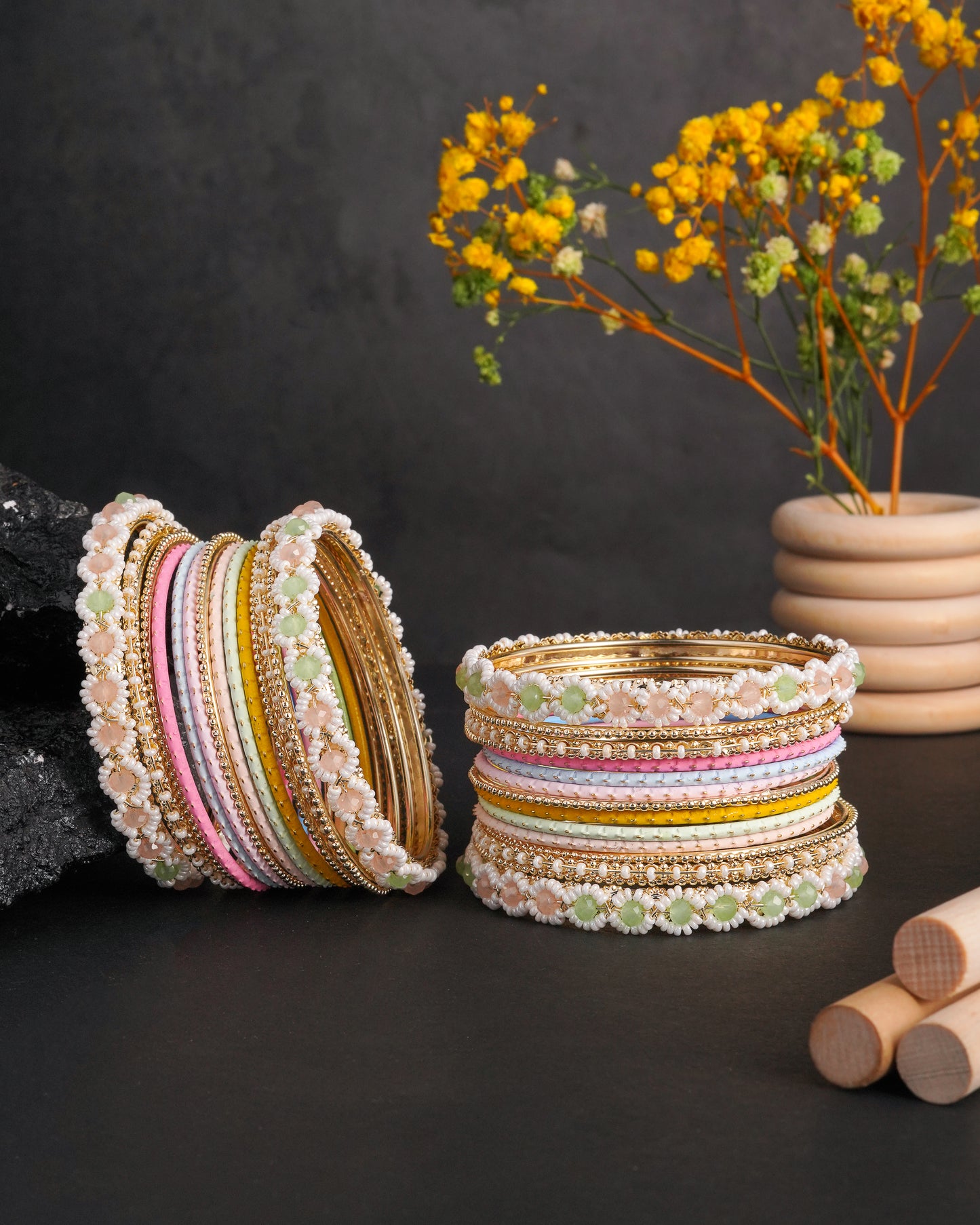 Antique Gold-Plated Temple Kada Bangles with Ruby & Emerald Stones