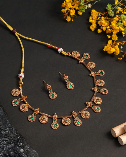 Antique Matte Gold-Plated Choker Necklace with Green Star Stones - Traditional South Indian Addigai Style Set with Matching Drop Earrings