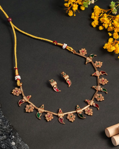 Traditional Gold Tone Floral & Paisley Necklace Set with Green Red Enamel