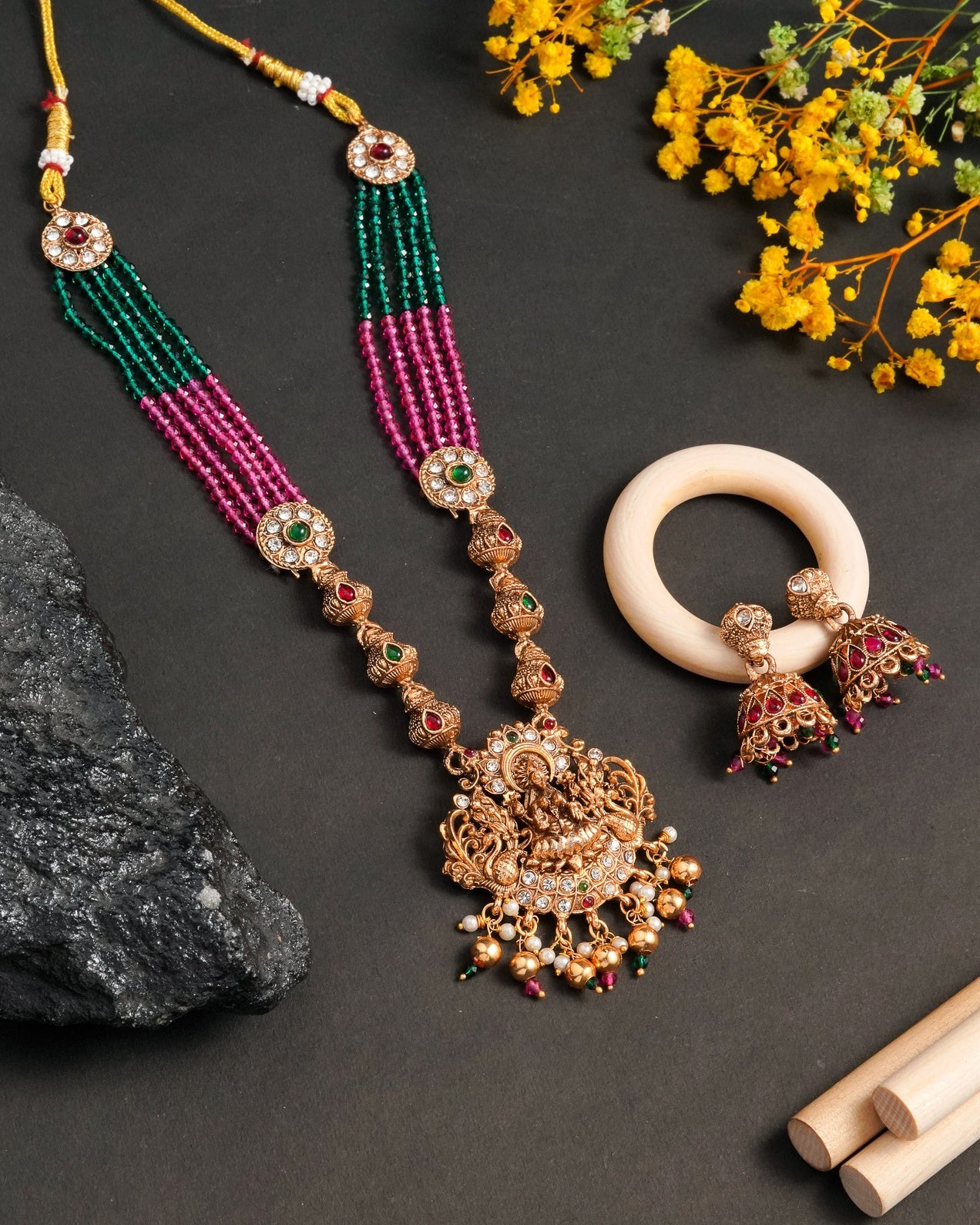 The Goddess Lakshmi Heritage Set: Handcrafted Temple Jewelry Long Haram with Ruby Beads and Traditional Jhumkas