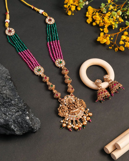 The Goddess Lakshmi Heritage Set: Handcrafted Temple Jewelry Long Haram with Ruby Beads and Traditional Jhumkas