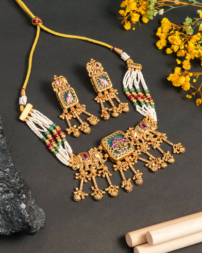 Traditional Indian Kundan Jewelry Set with Green & Red Stones