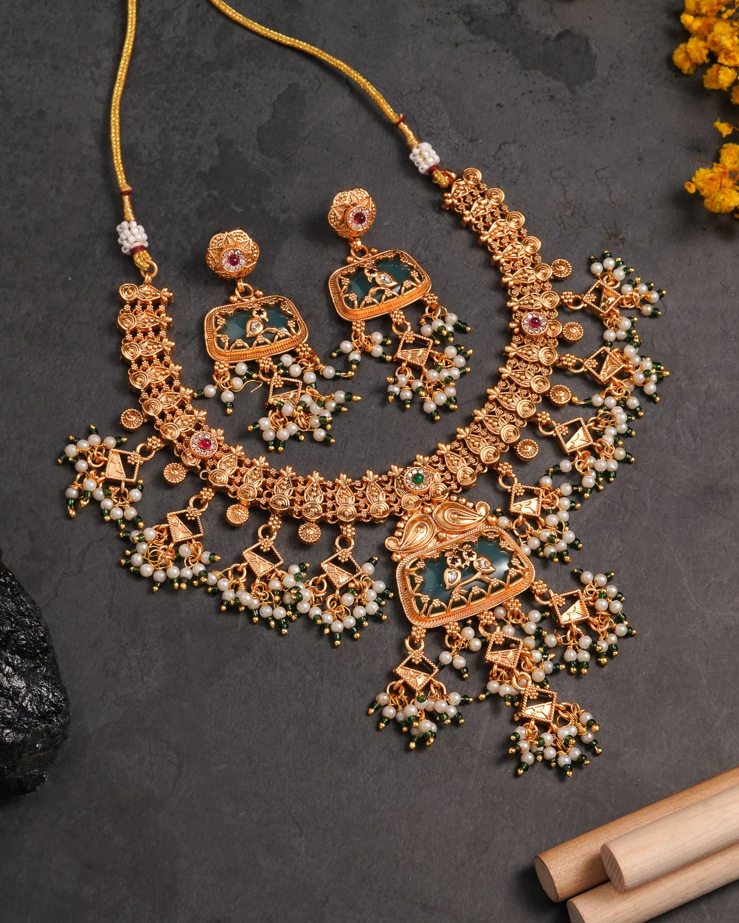 Antique Gold Kundan Necklace Set with Green Enamel Detailing