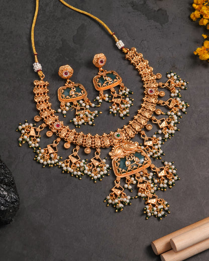 Antique Gold Kundan Necklace Set with Green Enamel Detailing