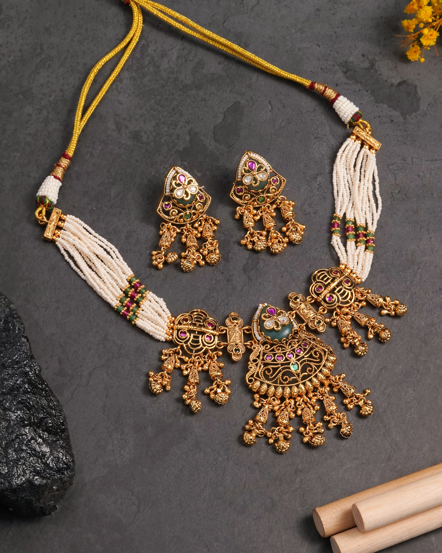 Ethnic Kundan Bridal Necklace Set with Dangle Earrings