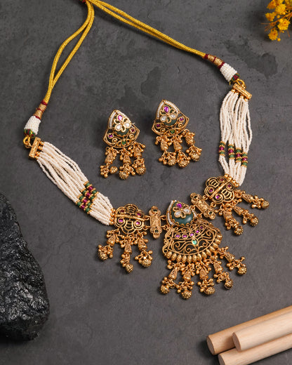 Ethnic Kundan Bridal Necklace Set with Dangle Earrings