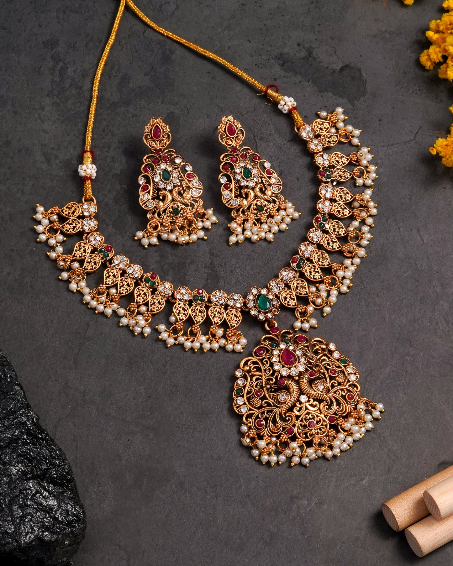 Antique Gold Temple Choker Necklace Set with Earrings
