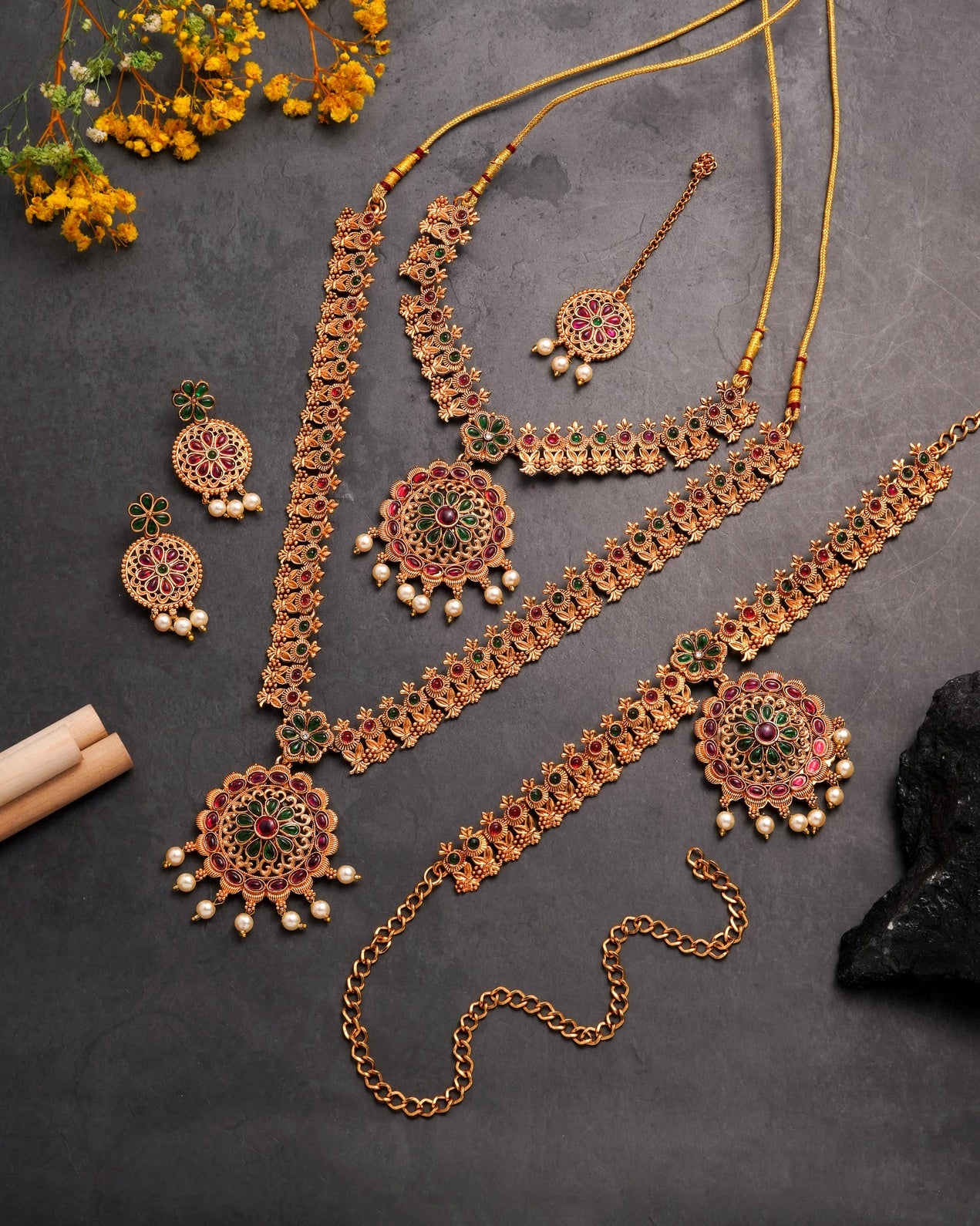 The Shubh Vivah Bridal Collection: Complete Antique Matte Gold 5-Piece Jewelry Set with Ruby & Emerald Stone Accents