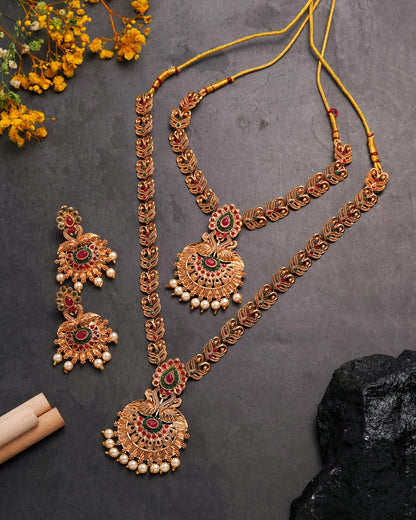 The Heritage Bloom Set: Dual-Layered Matte Gold Necklace & Floral Mandala Earrings