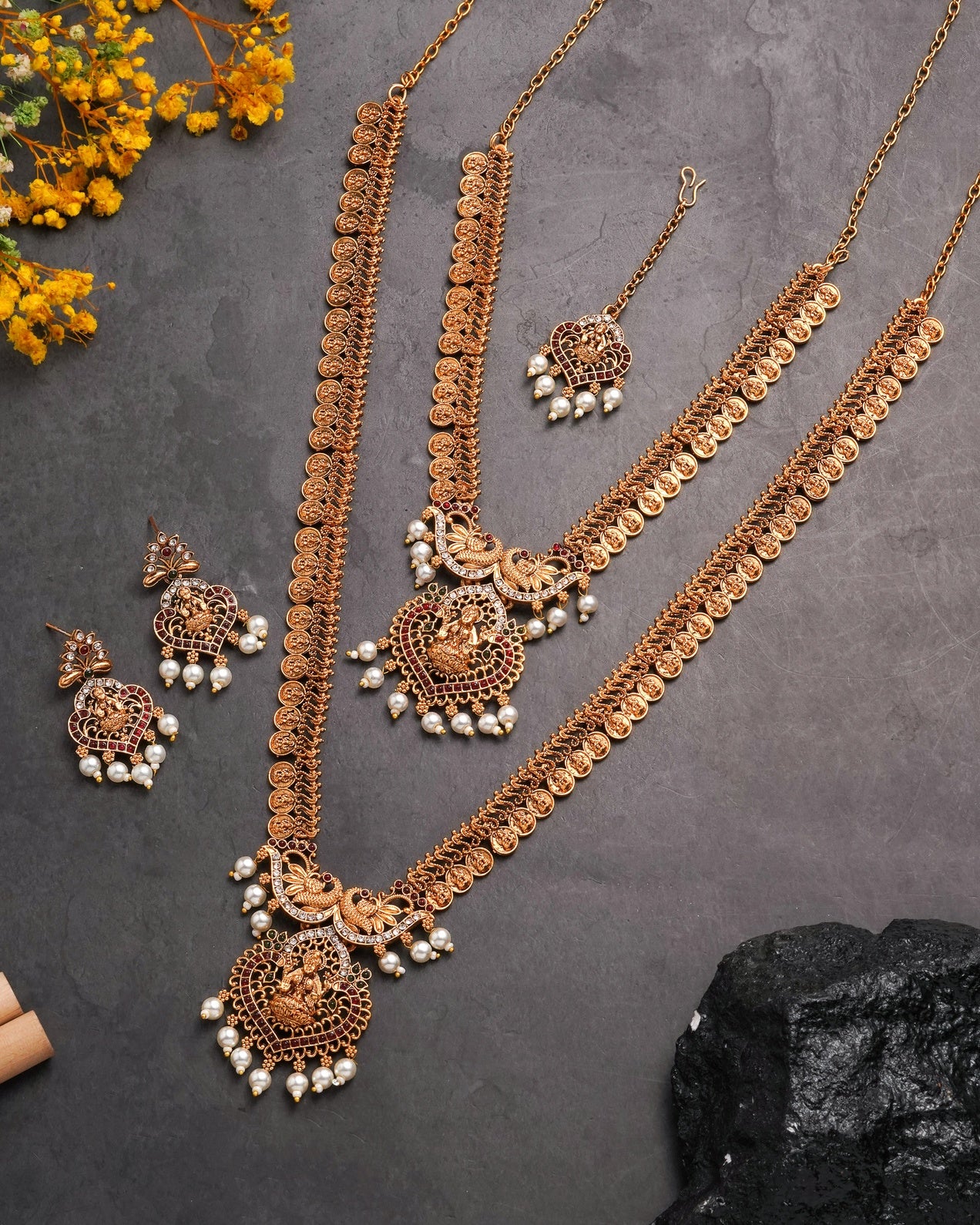 Traditional Lakshmi Coin Temple Necklace Set with Earrings & Maang Tikka