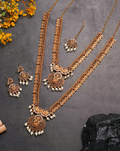 Traditional Lakshmi Coin Temple Necklace Set with Earrings & Maang Tikka