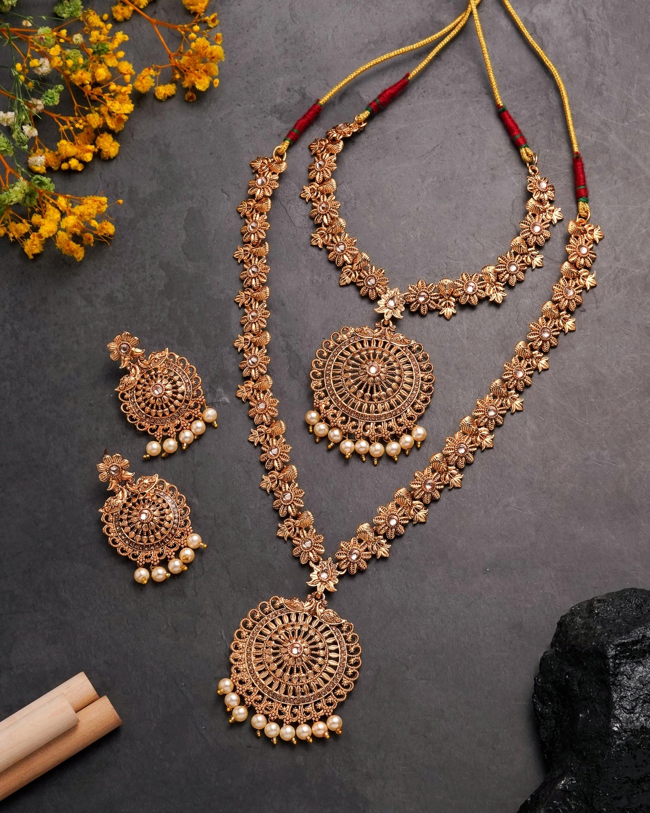Antique Matte Gold-Plated Long & Short Necklace Set with Matching Jhumka Earrings - 3-Piece Traditional Temple Jewelry Bridal Collection