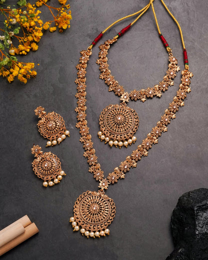 Antique Matte Gold-Plated Long & Short Necklace Set with Matching Jhumka Earrings - 3-Piece Traditional Temple Jewelry Bridal Collection