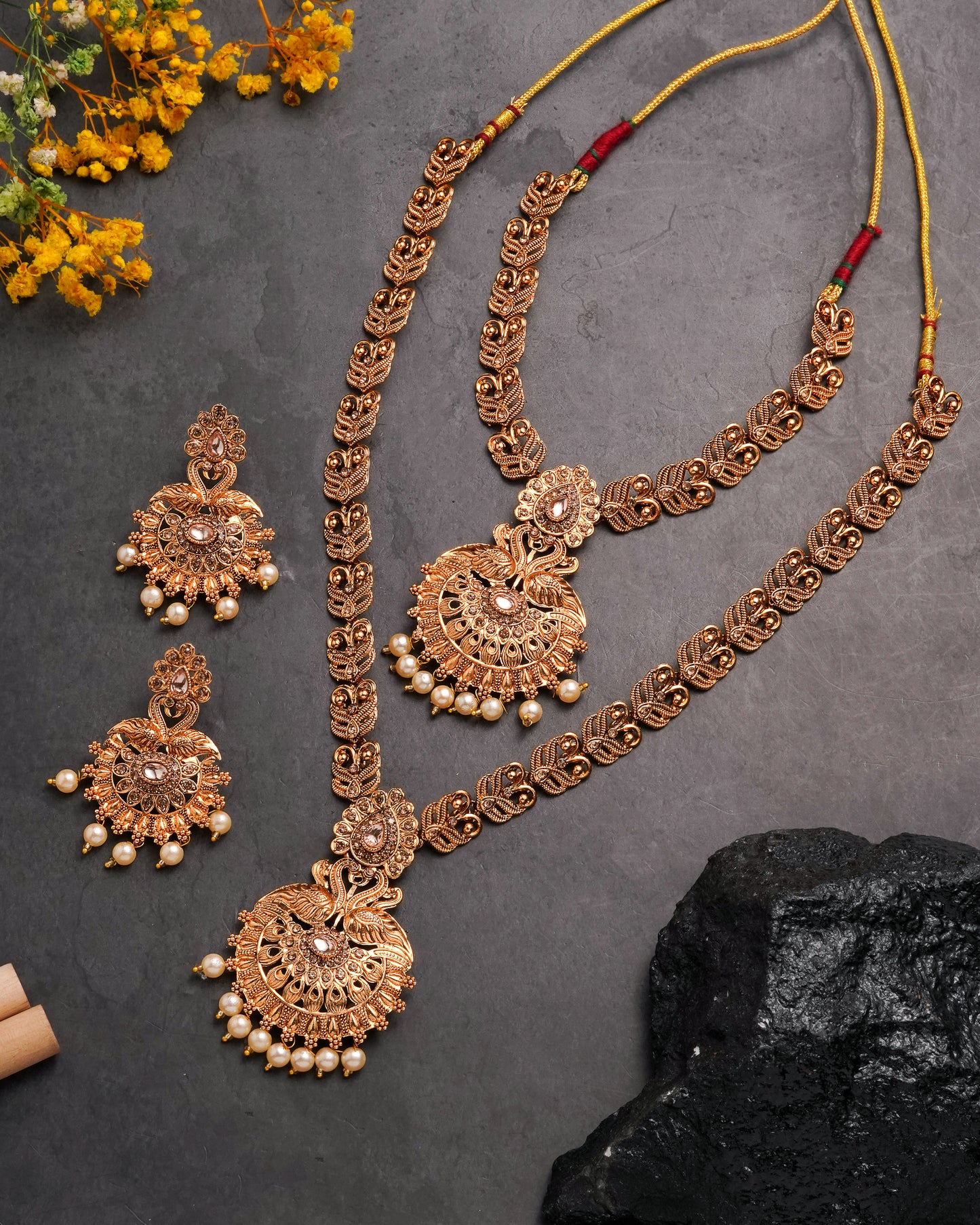 Antique Matte Gold-Plated Long & Short Necklace Set with Matching Jhumka Earrings - 3-Piece Traditional Temple Jewelry Bridal Collection