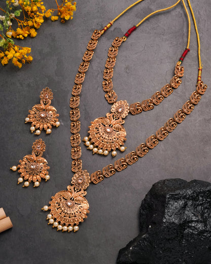 Antique Matte Gold-Plated Long & Short Necklace Set with Matching Jhumka Earrings - 3-Piece Traditional Temple Jewelry Bridal Collection
