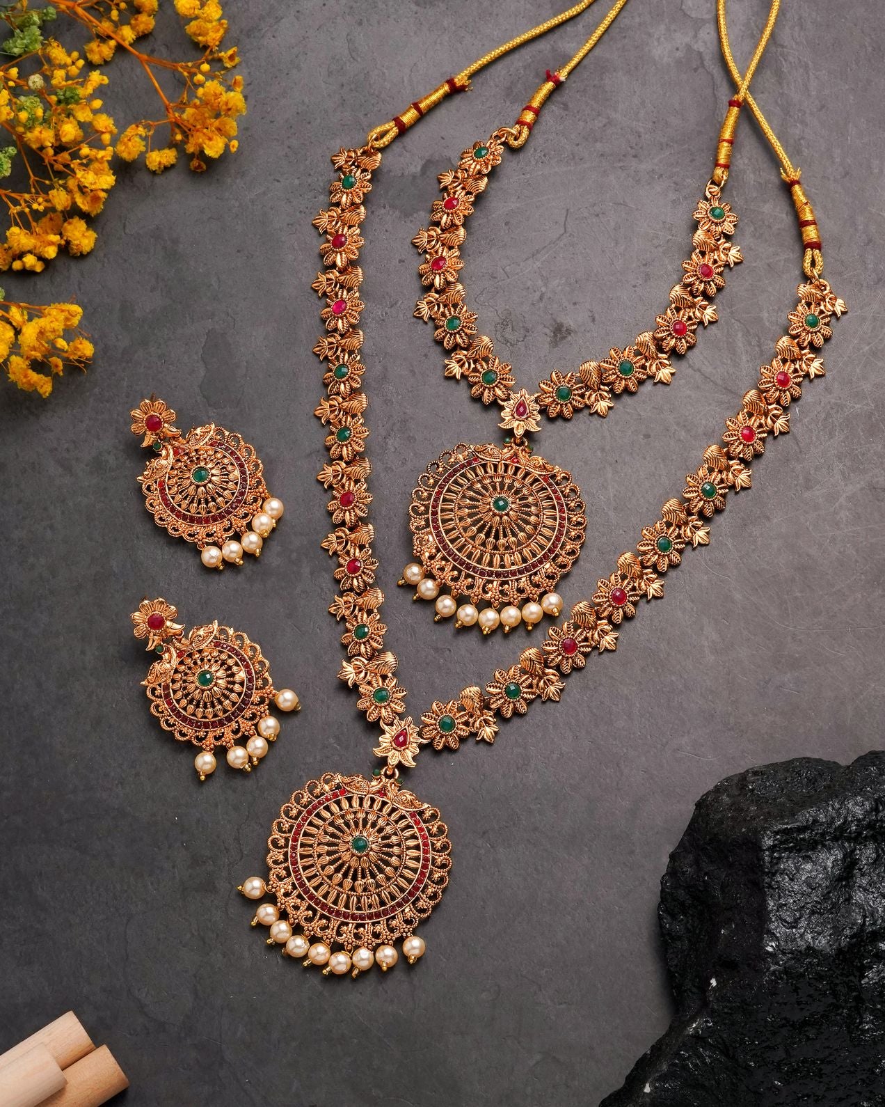 Antique Gold-Plated Dual Necklace Set with Circular Floral Pendants and Matching Jhumkas